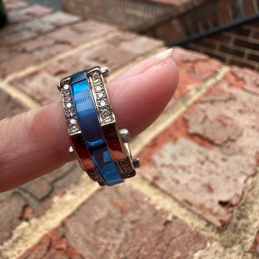 Elegant Diamond 10k Gold  Bullet Proof Blue Glass Custom Made Ring Size 5
